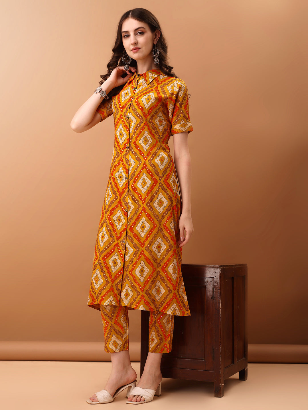 Printed Rayon Front Buttoned Collared Co-Ords Set, Mustard - Hiral Fashion - Distacart