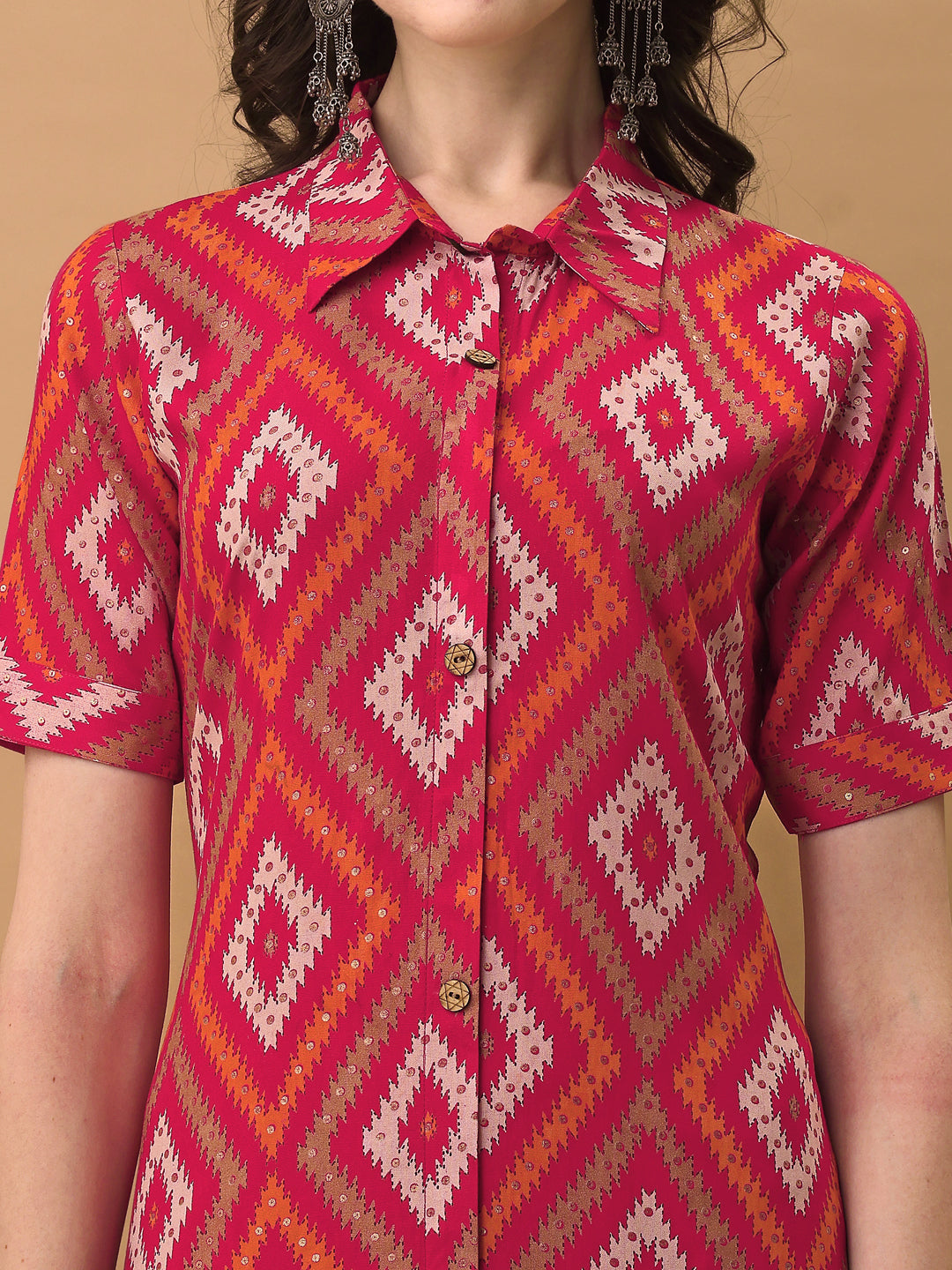 Printed Rayon Front Buttoned Collared Co-Ords Set, Rani - Hiral Fashion - Distacart