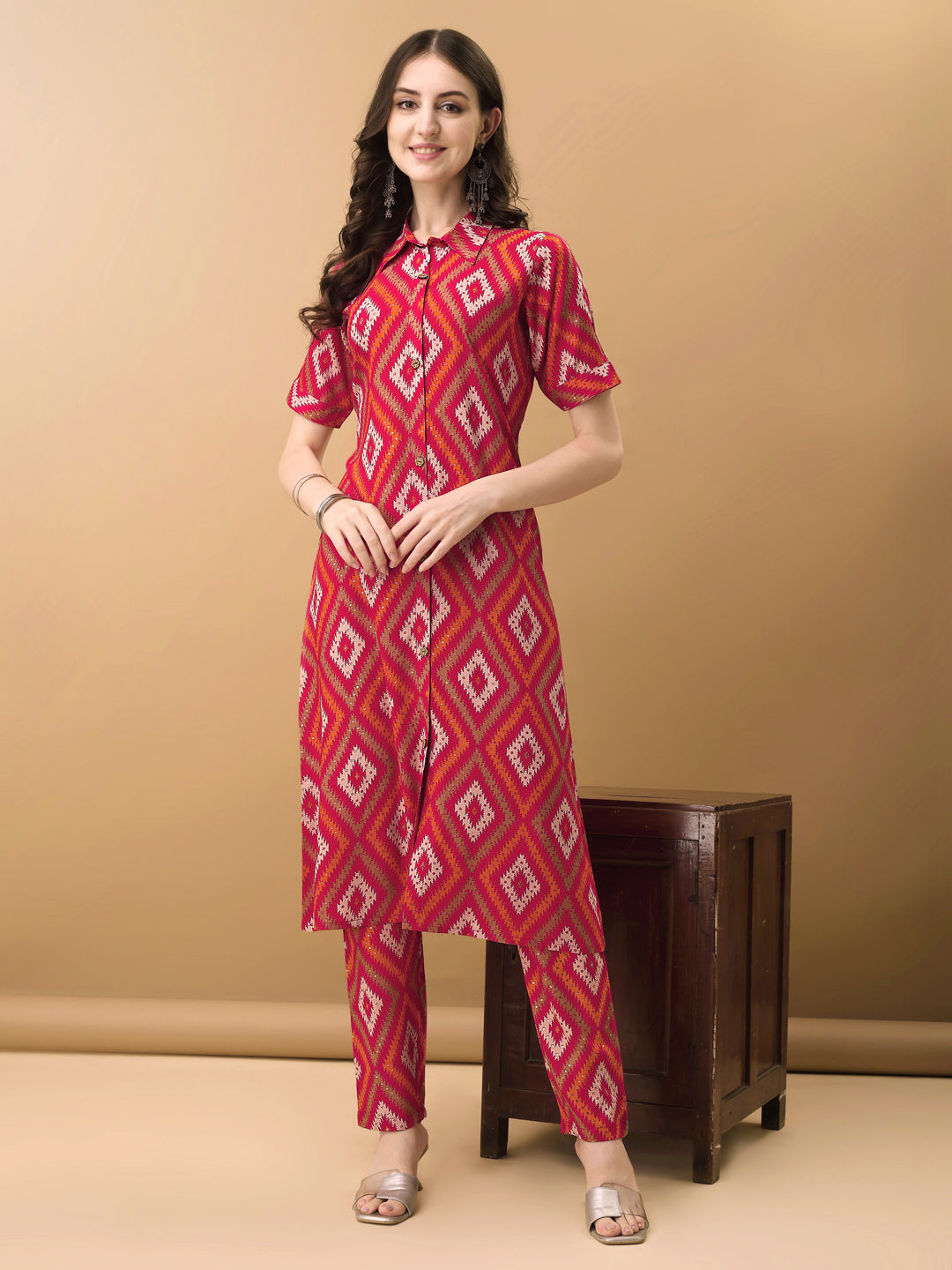 Printed Rayon Front Buttoned Collared Co-Ords Set, Rani - Hiral Fashion - Distacart