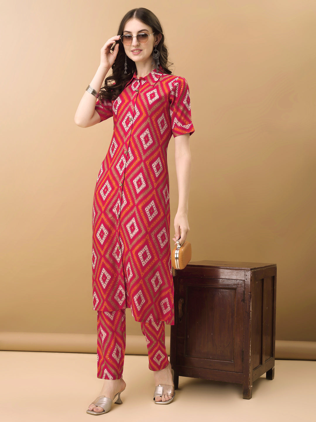 Printed Rayon Front Buttoned Collared Co-Ords Set, Rani - Hiral Fashion - Distacart