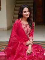 Thumbnail for Embroidered & Bandhani Printed Flared Kurta With Pant & Printed Dupatta, Rani - Hiral Fashion - Distacart