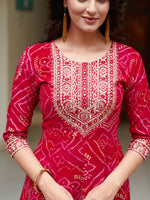 Thumbnail for Embroidered & Bandhani Printed Flared Kurta With Pant & Printed Dupatta, Rani - Hiral Fashion - Distacart