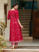 Thumbnail for Embroidered & Bandhani Printed Flared Kurta With Pant & Printed Dupatta, Rani - Hiral Fashion - Distacart