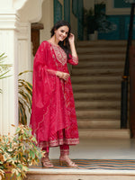 Thumbnail for Embroidered & Bandhani Printed Flared Kurta With Pant & Printed Dupatta, Rani - Hiral Fashion - Distacart