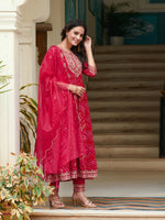 Thumbnail for Embroidered & Bandhani Printed Flared Kurta With Pant & Printed Dupatta, Rani - Hiral Fashion - Distacart