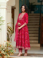 Thumbnail for Embroidered & Bandhani Printed Flared Kurta With Pant & Printed Dupatta, Rani - Hiral Fashion - Distacart
