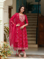 Thumbnail for Embroidered & Bandhani Printed Flared Kurta With Pant & Printed Dupatta, Rani - Hiral Fashion - Distacart