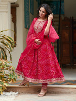 Thumbnail for Embroidered & Bandhani Printed Flared Kurta With Pant & Printed Dupatta, Rani - Hiral Fashion - Distacart