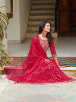 Thumbnail for Embroidered & Bandhani Printed Flared Kurta With Pant & Printed Dupatta, Rani - Hiral Fashion - Distacart