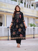 Thumbnail for Floral Printed Embroidered Kurta With Pant & Dupatta, Black - Hiral Fashion - Distacart