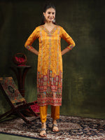 Thumbnail for Hand Embroidered & Printed Pure Silk Kurta With Pant & Printed Dupatta, Mustard - Hiral Fashion - Distacart