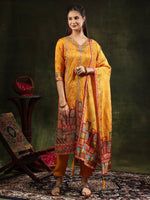 Thumbnail for Hand Embroidered & Printed Pure Silk Kurta With Pant & Printed Dupatta, Mustard - Hiral Fashion - Distacart