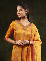 Thumbnail for Hand Embroidered & Printed Pure Silk Kurta With Pant & Printed Dupatta, Mustard - Hiral Fashion - Distacart