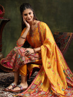 Thumbnail for Hand Embroidered & Printed Pure Silk Kurta With Pant & Printed Dupatta, Mustard - Hiral Fashion - Distacart