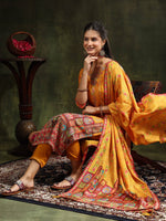 Thumbnail for Hand Embroidered & Printed Pure Silk Kurta With Pant & Printed Dupatta, Mustard - Hiral Fashion - Distacart