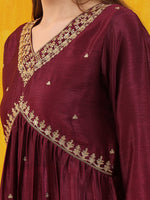Thumbnail for Alia Cut Embroidered Silk Blend Kurta With Pant & Dupatta, Wine - Hiral Fashion - Distacart