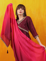 Thumbnail for Alia Cut Embroidered Silk Blend Kurta With Pant & Dupatta, Wine - Hiral Fashion - Distacart