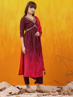 Thumbnail for Alia Cut Embroidered Silk Blend Kurta With Pant & Dupatta, Wine - Hiral Fashion - Distacart