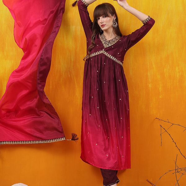 Alia Cut Embroidered Silk Blend Kurta With Pant & Dupatta, Wine - Hiral Fashion - Distacart