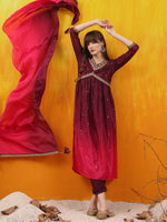 Thumbnail for Alia Cut Embroidered Silk Blend Kurta With Pant & Dupatta, Wine - Hiral Fashion - Distacart