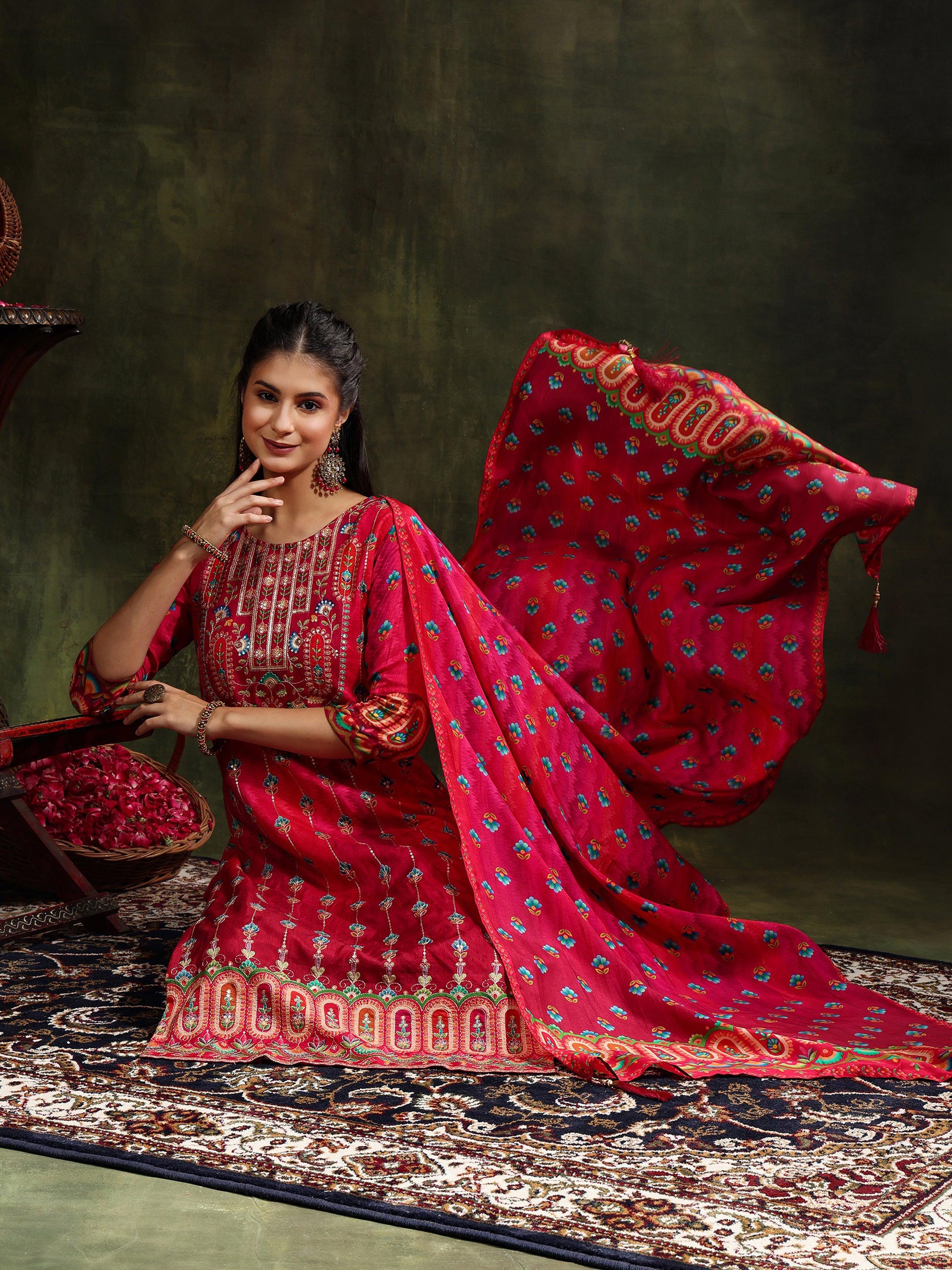 Embroidered & Printed Pure Silk Kurta With Pant & Printed Dupatta, Rani - Hiral Fashion - Distacart