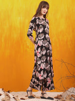 Thumbnail for Floral Printed Front Slit Kurta With Palazzo Pant, Black - Hiral Fashion - Distacart