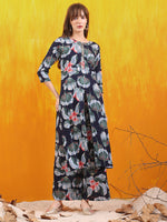 Thumbnail for Floral Printed Front Slit Kurta With Palazzo Pant, Navy Blue - Hiral Fashion - Distacart
