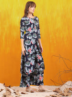 Thumbnail for Floral Printed Front Slit Kurta With Palazzo Pant, Navy Blue - Hiral Fashion - Distacart