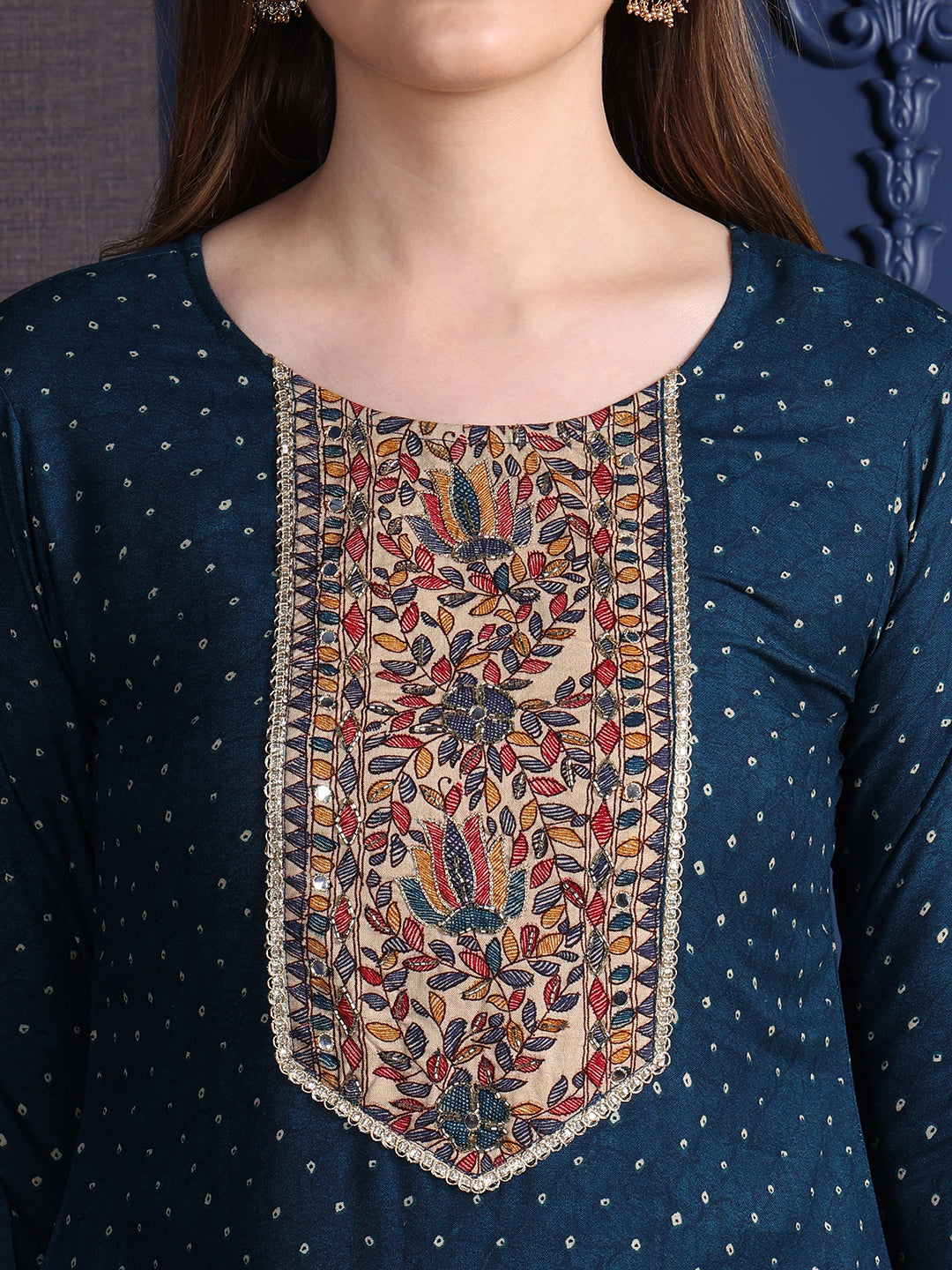 Hand Embroidered & Printed Kurta With Pant & Dupatta, Teal - Hiral Fashion - Distacart