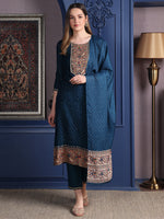 Thumbnail for Hand Embroidered & Printed Kurta With Pant & Dupatta, Teal - Hiral Fashion - Distacart