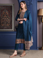 Thumbnail for Hand Embroidered & Printed Kurta With Pant & Dupatta, Teal - Hiral Fashion - Distacart