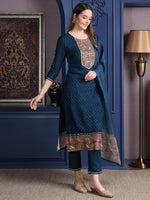 Thumbnail for Hand Embroidered & Printed Kurta With Pant & Dupatta, Teal - Hiral Fashion - Distacart