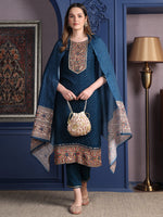 Thumbnail for Hand Embroidered & Printed Kurta With Pant & Dupatta, Teal - Hiral Fashion - Distacart