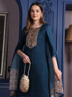 Thumbnail for Hand Embroidered & Printed Kurta With Pant & Dupatta, Teal - Hiral Fashion - Distacart
