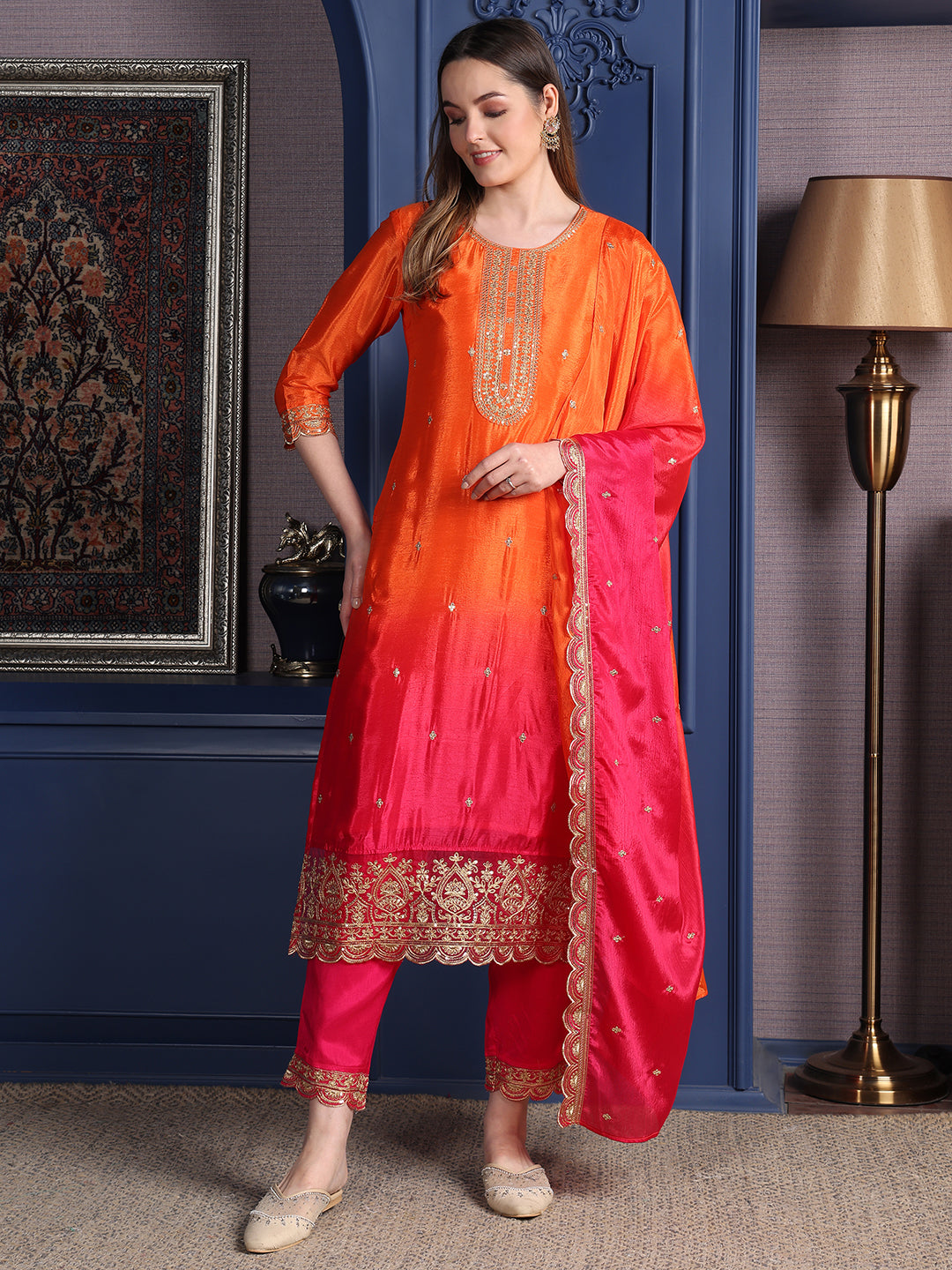 Embroidered Two Toned Kurta With Pant & Embroidered Dupatta, Orange - Hiral Fashion - Distacart