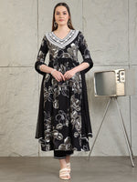 Thumbnail for Embroidered & Floral Printed Flared A-Line Kurta With Pant & Dupatta, Black - Hiral Fashion - Distacart