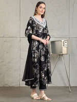 Thumbnail for Embroidered & Floral Printed Flared A-Line Kurta With Pant & Dupatta, Black - Hiral Fashion - Distacart