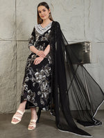 Thumbnail for Embroidered & Floral Printed Flared A-Line Kurta With Pant & Dupatta, Black - Hiral Fashion - Distacart