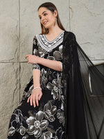 Thumbnail for Embroidered & Floral Printed Flared A-Line Kurta With Pant & Dupatta, Black - Hiral Fashion - Distacart