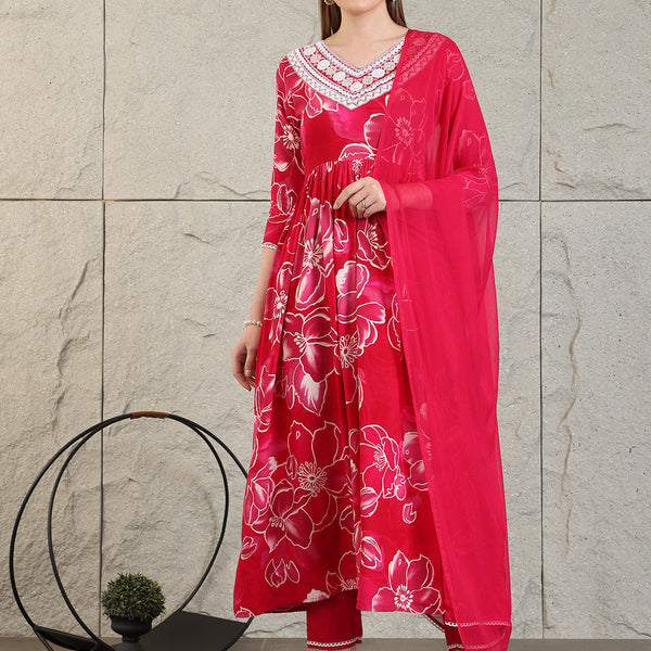 Embroidered & Floral Printed Flared A-Line Kurta With Pant & Dupatta, Pink - Hiral Fashion - Distacart