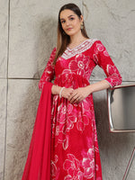 Thumbnail for Embroidered & Floral Printed Flared A-Line Kurta With Pant & Dupatta, Pink - Hiral Fashion - Distacart