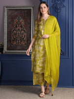 Thumbnail for Embroidered & Printed Kurta With Palazzo & Dupatta, Green - Hiral Fashion - Distacart
