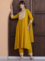 Thumbnail for Mirror Embroidered Kurta With Pant & Necklace Dupatta, Mustard - Hiral Fashion - Distacart