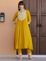 Thumbnail for Mirror Embroidered Kurta With Pant & Necklace Dupatta, Mustard - Hiral Fashion - Distacart