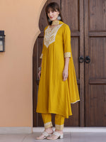 Thumbnail for Mirror Embroidered Kurta With Pant & Necklace Dupatta, Mustard - Hiral Fashion - Distacart