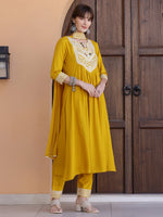 Thumbnail for Mirror Embroidered Kurta With Pant & Necklace Dupatta, Mustard - Hiral Fashion - Distacart