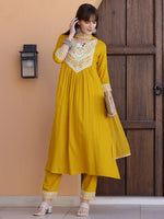 Thumbnail for Mirror Embroidered Kurta With Pant & Necklace Dupatta, Mustard - Hiral Fashion - Distacart