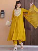 Thumbnail for Mirror Embroidered Kurta With Pant & Necklace Dupatta, Mustard - Hiral Fashion - Distacart