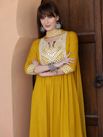 Thumbnail for Mirror Embroidered Kurta With Pant & Necklace Dupatta, Mustard - Hiral Fashion - Distacart