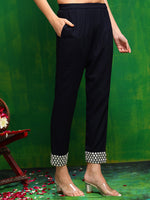 Thumbnail for Mirror Embroidered Kurta With Pant & Necklace Dupatta, Navy Blue - Hiral Fashion - Distacart